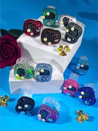 Flower Rhinestone Decorated Finger Ring Counter, Finger Ring Style Counting Device For Praying And Chanting