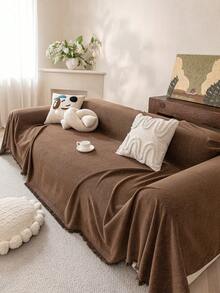 1pc High Pile Chenille Sofa Cover, Herringbone Solid Color Sofa Blanket, All Season Universal Sofa Throw, Anti-Dust And Anti-Scratch, One-Piece Sofa Cover - Brown - View 7