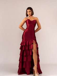 Simple Party Pleated Hem With Asymmetrical Ruffle Formal And Evening - Redwood - View 2