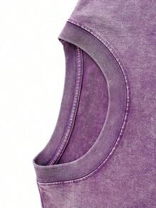 Retro Washed T-Shirt Double Sided Printed (230 Pure Cotton T-Shirt) 'No Weapon Formed Against Me Shall Prosper'  Letter And Cross Pattern Print,  Christian Gift, Mens TShirt, Mens Casual, Comfortable, Fashionable T-Shirt, Street Style Cotton - Lilac Purple - View 3