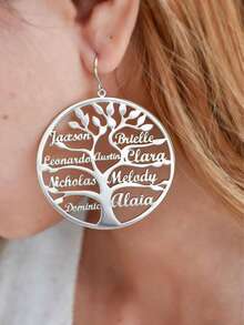 Personalized Family Tree Name Hoop Earrings,Custom Family Names Earrings,Personalized Christmas Tree Of Life Earrings,Women's Jewelry,Exaggerated Custom Hoops,Multiple Names Earring,Custom Hoop,Fashion Christmas Gifts, Gifts For Family Members - Silver - View 5