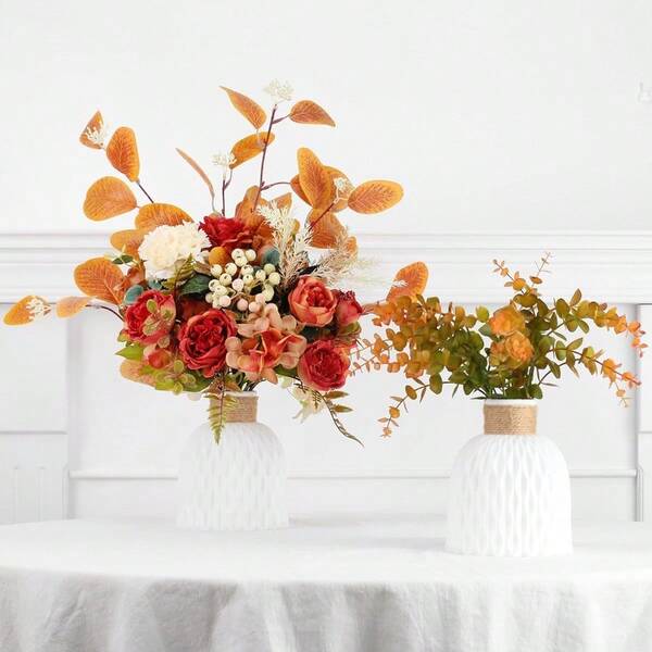 Autumn Floral Arrangement Artificial Flowers Silk Roses And Foliage Set Of 2 Orange Leaves + Plastic Vase
