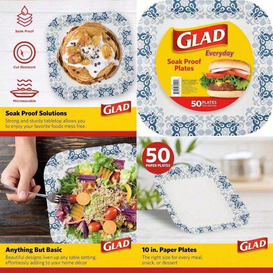 Glad - Platos de papel desechables impresos 50 unidades de 10 pulgadas platos de papel resistentes con hermoso diseño impreso a prueba de remojo 50 platos de papel cuadrados Platos desechables - azul - Ver 1