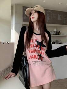 Vintage Color Block Long Sleeve T-Shirt For Women, Thin Loose Niche Raglan Sleeve Top, Autumn - Pink - View 9