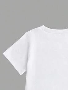 Young Girl Cartoon Print Round Neck Short Sleeve Top And Skirt Set - White - View 5