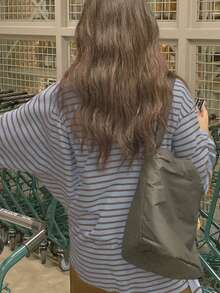 女士宽松休闲长袖条纹上衣 春季 - 藍色 - 查看 6