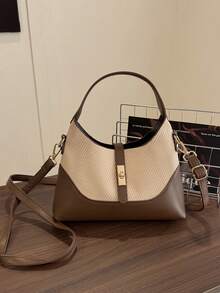 Bolso tipo dumpling con diseño de bloques de color, bolso versátil de hombro y bandolera portátil para ir y venir, bolso de mano, adecuado para el uso diario y citas casuales - Marrón - Ver 2