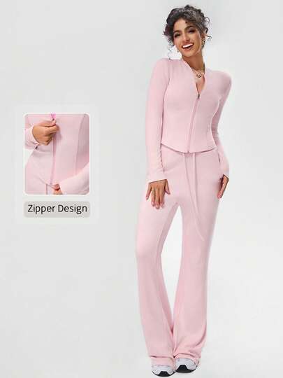 NcmRyu 1 Set Women Baseball Collar Zipper Pocket Drawstring Wide Leg Pants Long Sleeve Sportswear Set