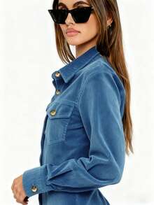 Elegant Blue Corduroy Shirt Dress, Women's Long Sleeve Button-Down Mid-Length Dress With Pockets, Casual Woven Fabric Spring - Blue - View 3