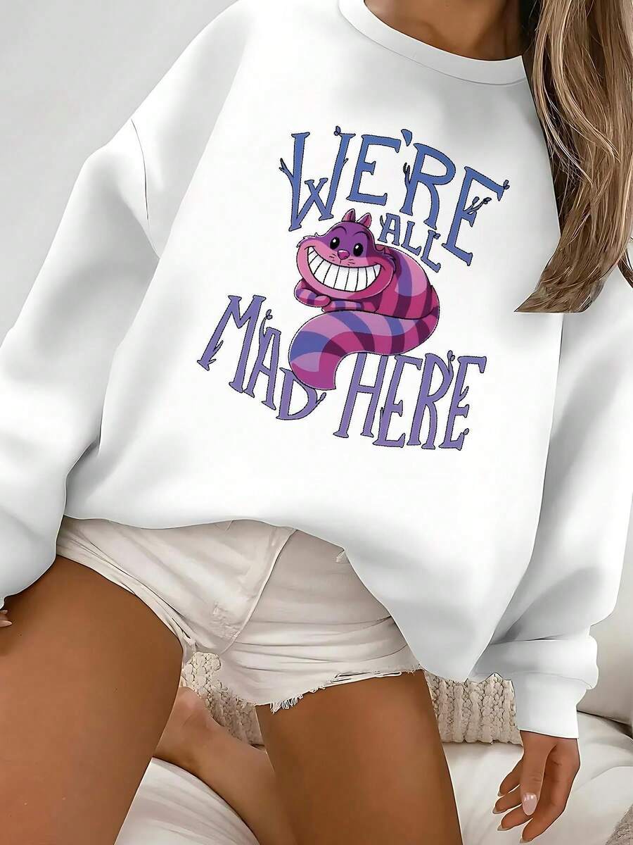 Nightmare Before Christmas Women's Sweatshirt - Tim -Inspired "We're All Mad Here" &  Graphic, Soft Long Sleeve Pullover For Fall/Winter, Casual Crewneck Sweater For Working, Shopping, Exercising At Home, Officially Licensed Merchandise, Machine Washable, Relaxed Fit, Playful Nightmare Before Christmas Design - White - View 1