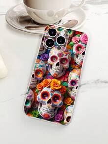 Funda de teléfono con diseño de calaveras coloridas y flores, estampado con cráneos decorados al estilo mexicano tradicional, inspirado en el Día de Muertos ideal para celebraciones y uso personal, diseño artístico y cultural, funda transparente, resistente a golpes, alta transparencia, compatible con iPhone17/16/15/14/13/12/11/Plus/Pro/ProMax, compatible con Galaxy A34/A35/A54/A55, Galaxy S20/S21/S22/S23/S24/S25 Ultra/Plus, compatible con Moto/Galaxy/Redmi/Honor/OPPO - transparente - Ver 7