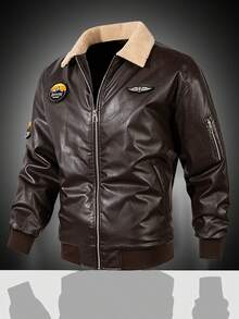 Men's Outdoor Solid Color PU Leather Jacket, Fleece-Lined Motorcycle Jacket, Suitable For Everyday Outdoor Activities. - màu nâu - Xem 2