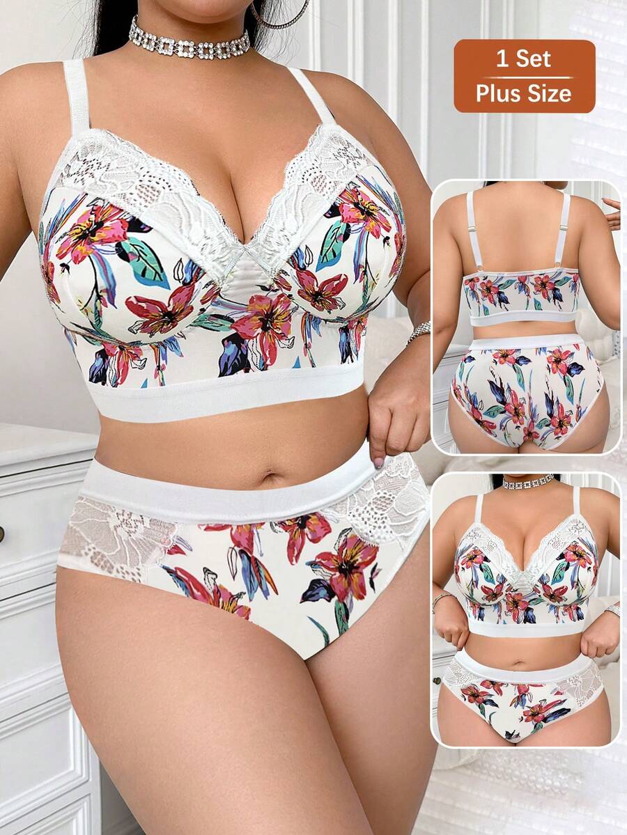 Plus Size Women Floral Print Wireless Soft & Comfortable Bra & Panty Set - White - View 1