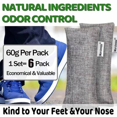 6 Pack Activated Charcoal Odor Absorber Bags, Shoe Deodorizer Insert And Shoe Odor Remover, 100% Natural Shoes Smell Remover,Shoe Odor Eliminatorr (60g X 6 PACK)