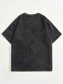 Men's Washed Black Short Sleeve T-Shirt, Vintage Dark Tone Minimalist Dystopian Style, Suitable For Casual Wear, School And Daily Life - Black - View 3