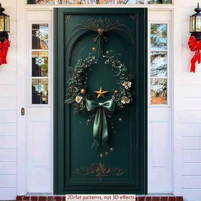 2D涤纶斋月门帘，1件装；优雅圣诞花环，饰以蓝绿色点缀和金色装饰；开斋节拍照道具及用品；适用于穆斯林斋月和宰牲节庆祝活动；伊斯兰主题节日装饰