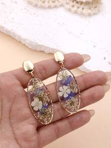 1 par de pendientes rectangulares con efecto de resina y flores secas multicolor de moda, delicados y versátiles para mujeres, adecuados para vacaciones, fiestas y uso diario. Puede haber una ligera diferencia entre la flor seca real y la imagen. - Azul neblina - Ver 8