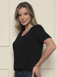 Women's Viscose/Lycra Blouse With Short Sleeves And V-Neck - Comfortable Fabric - 黑色 - 查看 3