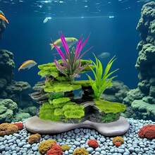 一套全新水族箱装饰——耐用ABS树脂仿岩石，搭配人造苔藓和紫色水生植物，增强水下景观，为鱼虾提供天然的藏身之处 | 适用于鱼缸、龟缸和水景 | 表面纹理设计，树脂材质，适用于海水水族箱 - 彩色 - 查看 7