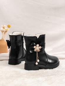 Botas de invierno para niñas Nuevas botas de nieve con perlas y flores de princesa Botas medianas Botas gruesas y cálidas forradas de peluche para niñas pequeñas - Negro - Ver 3
