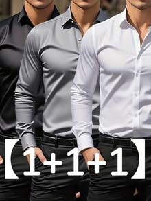 Men's Three-Piece Set, Solid Color Long-Sleeved Business Shirt, Formal And Professional Work Shirt, Suitable For Office Work And Business Travel, Office Wear, Business Attire, Corporate Men, Professionals On The Job, High-Quality Material - 灰/白 - 查看 4