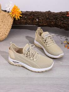 Women's Casual Athletic Shoes, Knitted Fashion Upper, Solid Color Casual Shoes, Simple And Versatile, Suitable For Sports, Fitness, Hiking, And Can Be Worn In 4 Seasons. Running Shoes, Everyday Walking Shoes, Minimalist Style, Multi-Functional Footwear, Refreshing And Fashionable Fabric, Flexible Sole, Low-Top Shoes, Casual Athletic Shoes, Outdoor , Fashionable Women. - Apricot - View 2
