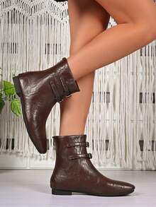 2025 Autumn/Winter New Square Toe Low Heel Flat Thick Heel Women's Short Boots, Buckle Decor, Fashionable & Versatile, Comfortable & Lightweight, Suitable With Dresses
