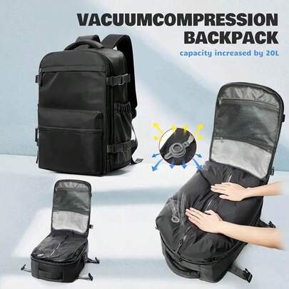 真空压缩背包 - 尼龙材质，多口袋收纳，适合旅行、徒步、露营和商务出行，节省空间设计，内置气泵，旅行必备收纳包，轻便旅行装备，拉链封口，旅行背包，旅行包，行李袋，旅行袋，过夜包，大容量旅行收纳包，邮轮必备，度假必备，男女通用