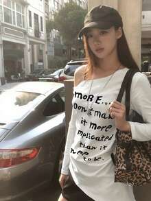 Unique Asymmetrical White Shoulder Strap Casual Long Sleeve T-Shirt, Early Autumn New Style For Fashionable Women - White - View 3