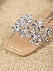 Girls' Crystal Rhinestone Slippers, Korean Princess Style Flower Strap , Fashionable Transparent Beach Sandals, Summer New Arrival - Clear - View 6
