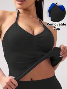 Women's Yoga Sports Bra Sleeveless Cropped Activewear Top, Elastic Fitness Workout Tank Top, Breathable - Black - View 12