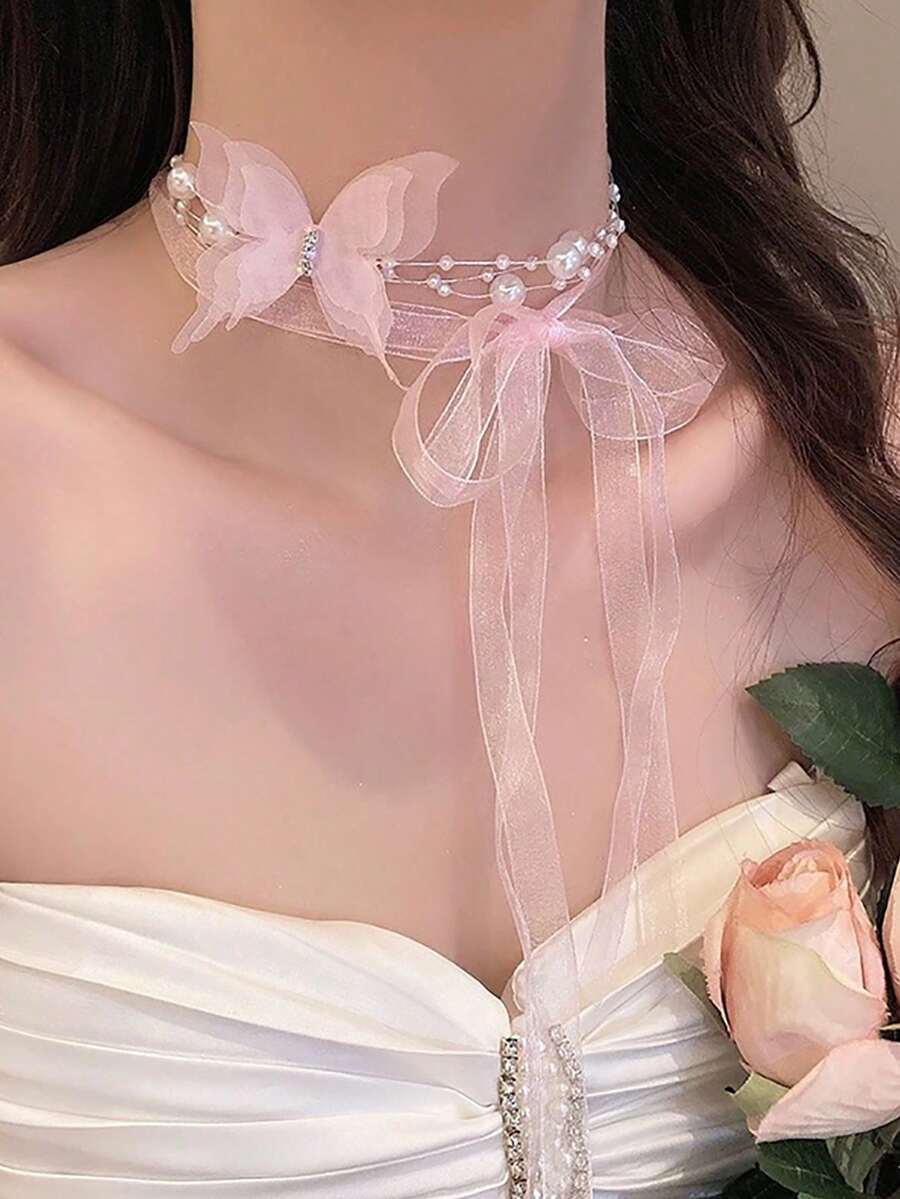 1 chiếc vòng cổ choker hình bướm trắng sang trọng, đính ngọc trai giả, thích hợp cho đám cưới, đeo hàng ngày, đi nghỉ mát hoặc ngày Valentine. - Hồng - Xem 1