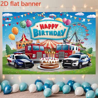 Biểu ngữ phẳng 2D - Biểu ngữ chúc mừng sinh nhật chủ đề xe cứu hỏa - Trang trí tiệc bằng polyester, bao gồm xe cứu hỏa, ô tô và vòng đu quay