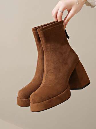 Women's Round Toe Platform Ankle Boots, Versatile Thick Sole Fashion Chunky Heel Short Boots With Back Zipper, Autumn/Winter