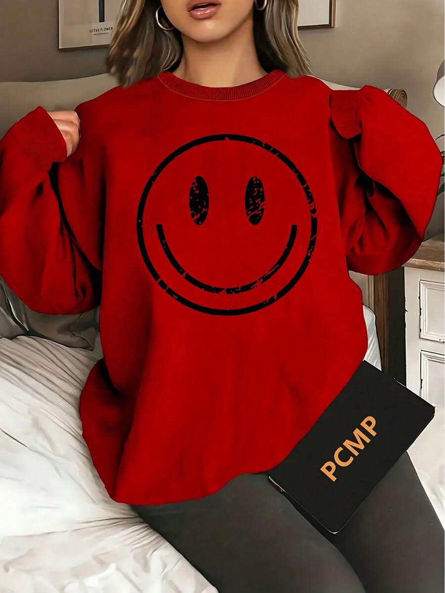 Smile Print Crew Neck Tank Top, Casual Sleeveless Tank Top For Summer, Women's Clothing Fall Clothes For Women Winter Clothes For Women Thanksgiving Outfit Women Thanksgiving Sweatshirt Women - 紅色 - 查看 1