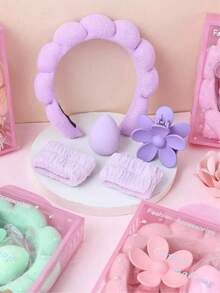 5 Pcs Girls Sponge Spa Headband Wristbands With Large Flower Hair Claw Clip Gift Set Hair Stuff Hair Accessories Set With Delicate Box For Party Gifts And Daily Use - 彩色 - 查看 3