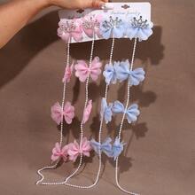 2pcs New Mesh Bow Long Chain Tassel Children's Braided Hair Clips, Cute Sparkling Rhinestone Crown Bow Pair Clips For Girls, Pink Side Clips, Duckbill Clips, Suitable For Daily And Festival Wear, Birthday Party Wear, Children's Birthday Gift - 2件 藍色 - 查看 7