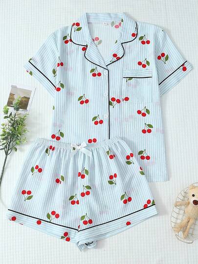2pcs Comfortable Blue Striped Cherry Print Lapel Button Short Sleeve Top With Pocket And Bow Shorts Pajama Set, Suitable For Home Wear, Spring/Summer