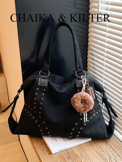 CHAIKA & KILTER 1pc Solid Color Suede-Like PU Fabric Shoulder Bag, Women's Vintage Casual Large Capacity Tote Bag, College Student Book Bag, Stitching Rivet Decor Dual Handle Design, Zipper Closure, Suitable For Daily Shopping (Sold With Pendant)