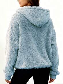 Veste d'hiver polaire chaude à capuche pour femme, unie et décontractée, manches longues et épaules tombantes. Parfaite pour la maison et les loisirs, polyvalente et facile à porter. - Bleu azur - Voir 6