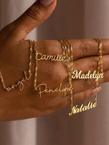 定制亮面哑光名字项链，女士个性化吊坠项链，经典字母颈链，不锈钢镀金草书名字手工吊坠铭牌首饰，圣诞新年礼物送给女友/爱人 - 金色-水波鏈 - 查看 5