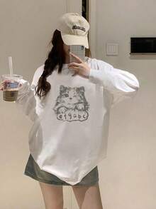 Áo thun cotton dài tay in họa tiết hoạt hình dáng rộng rãi cho nữ, đa năng cho mùa xuân và mùa thu - trắng - Xem 2