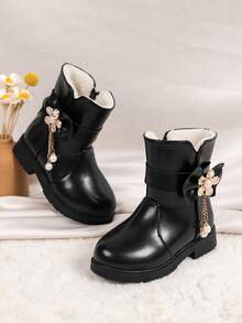 Botas de invierno para niñas Nuevas botas de nieve con perlas y flores de princesa Botas medianas Botas gruesas y cálidas forradas de peluche para niñas pequeñas - Negro - Ver 8
