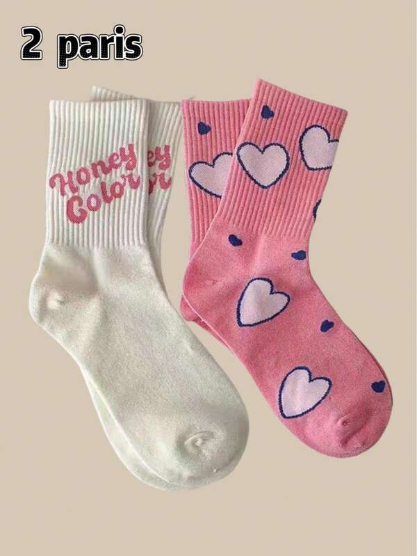 زوجان من الجوارب ذات نمط قلب وردي، جوارب متوسطة الطول جميلة وحلوة، جوارب طويلة بطراز رومانسي للنساء