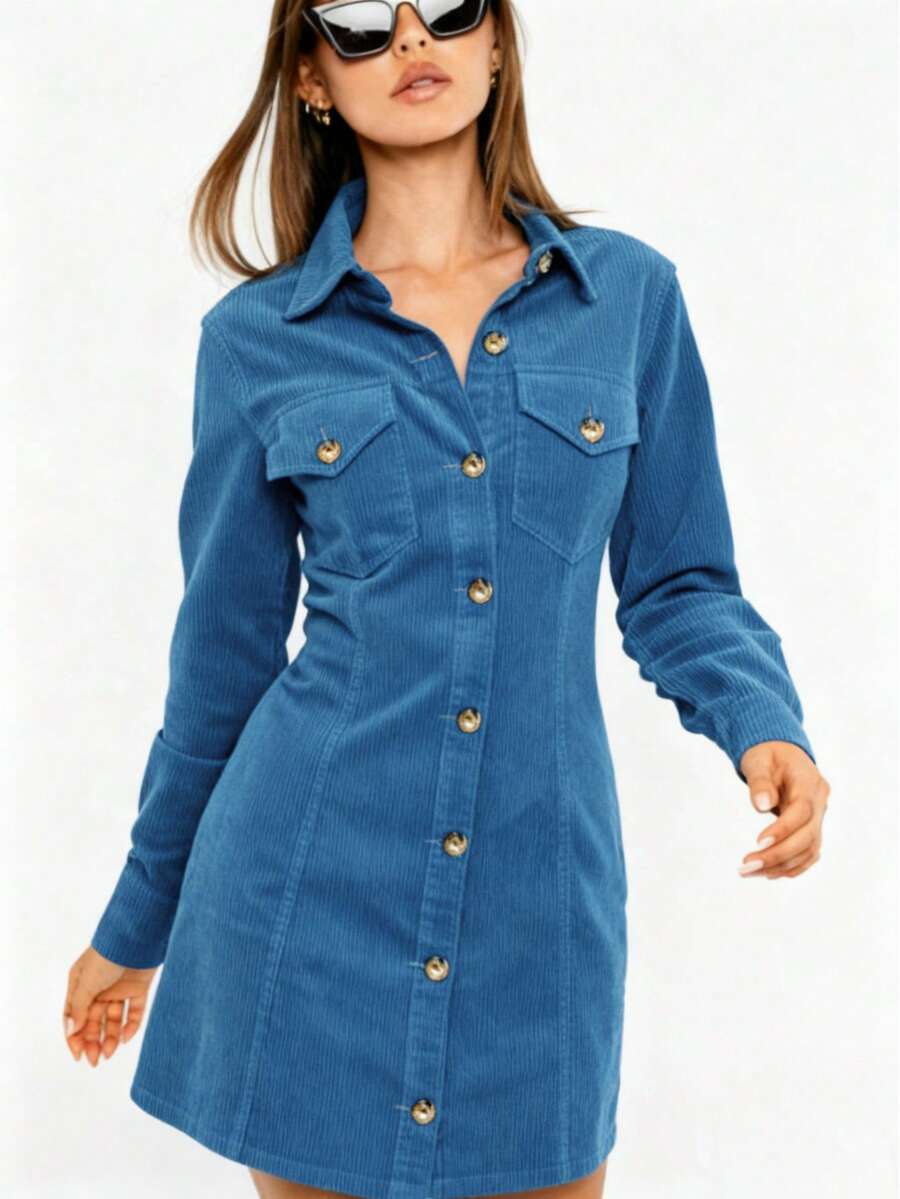 Elegant Blue Corduroy Shirt Dress, Women's Long Sleeve Button-Down Mid-Length Dress With Pockets, Casual Woven Fabric Spring - Blue - View 1