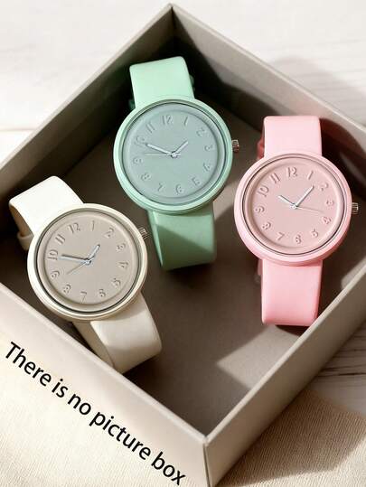 Set de 3 relojes de cuarzo para mujer en paleta de colores tipo macaron: verde claro, rosa, tres relojes en un set, versátil y de moda, adecuado para uso diario, regalo de cumpleaños, aniversario, promoción grande de 5 negros, promoción de fin de año, red one, promoción grande de Halloween y regalos navideños sin caja de regalo.