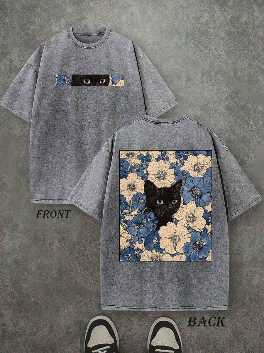 Retro Washed T-Shirt Double Sided Printed (230 T-Shirt) 'Cat In The Flowers' Cat And Flowers Pattern Print, Mens TShirt, Mens Shirt Casual, Comfortable, Fashionable T-Shirt, Street Style Men's Summer Outfits Streetwear Graphic Tees Vintage Funny T-Shirts Casual Summer Tops Clothes Playeras De Hombre Camisetas Para Hombre Local Style For Women & Men - 灰色 - 查看 1