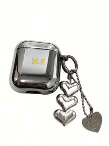 Customized Name Letter Earphone Case (With Love Heart Pendant) - Silvery Electroplated Heart Pendant Earphone Case For Air Case Pods 4th Gen, Pro, New 2nd & 3rd Gen 2/3, Soft Protective Cover Compatible With Apple Earbuds, Electroplated Earphone Cover, Air Case Pods Accessory, Heart Earphone Case, Minimalist Heart Shape