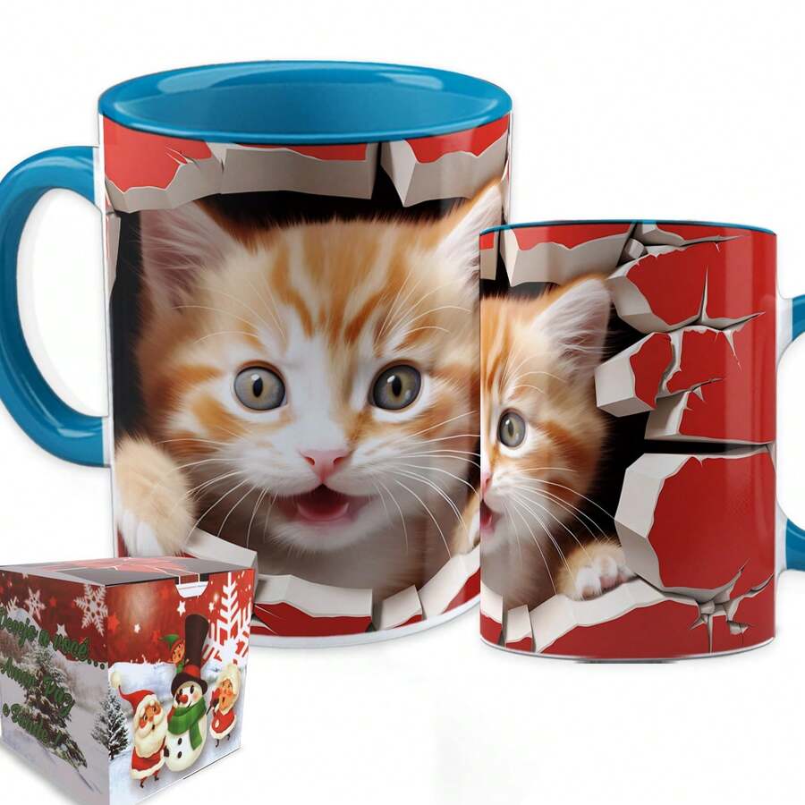 Christmas Mug Red Christmas Porcelain Decoration Gift Happy Santa Claus Cat - Màu xanh lam - Xem 1