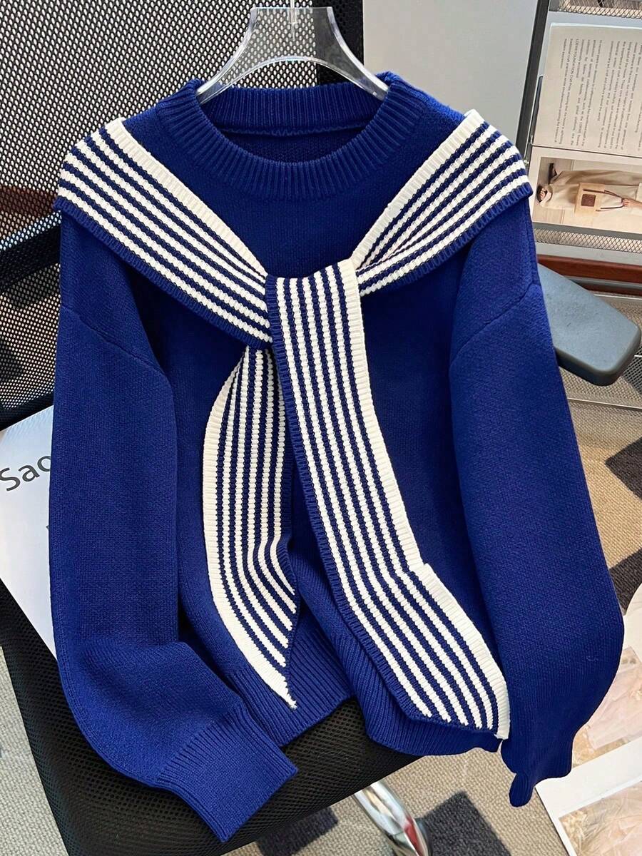 Pull ample en tricot à col rond, manches longues, couleur unie. Écharpe rayée contrastée de style casual marin pour l'automne/hiver